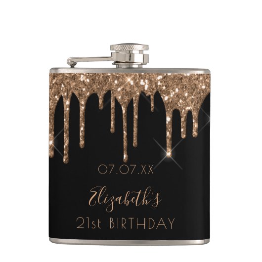 Birthday zwarte goudglitter drift naam heupfles (Voorkant)