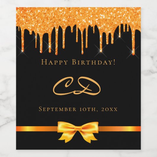 Birthday zwarte goudglitter drip monogram initiaal wijn etiket (Enkel label)