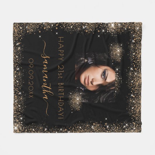 Birthday zwarte goudglitter monogram foto fleece deken (Voorkant (Horizontaal))