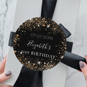 Birthday zwarte goudglitter stofnaamdatum ronde sticker