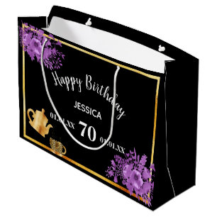 Birthday zwarte paarse florale theetop groot cadeauzakje