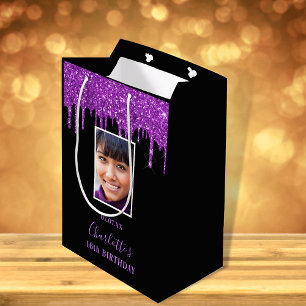 Birthday zwarte paarse glitter druipt foto medium cadeauzakje