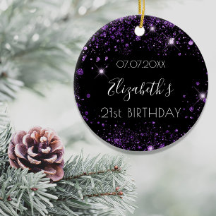 Birthday zwarte paarse glitter naam elegant keramisch ornament