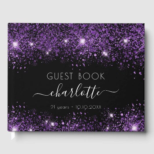 Birthday zwarte paarse glitterstofmonogram gastenboek (Voorkant)