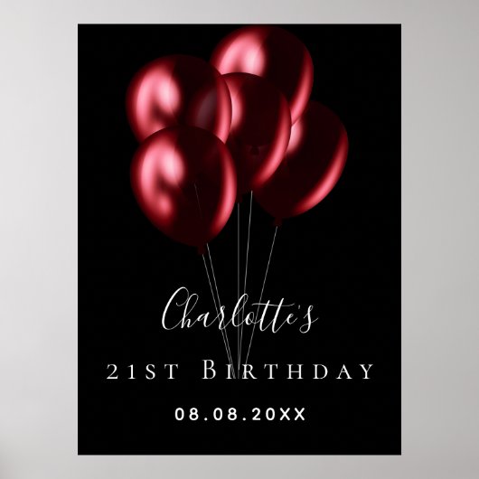 Birthday zwarte rode ballonnen naam welkom poster (Voorkant)