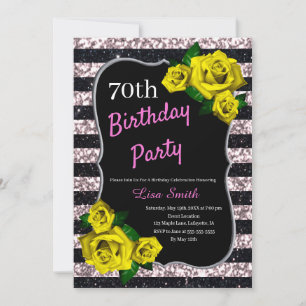 Birthday zwarte roze strepen Glitter gele rozen Kaart