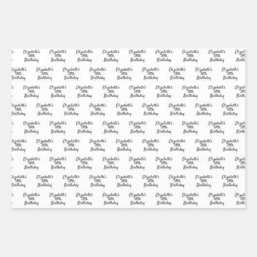 Birthday zwarte witte naammanuscriptminimalisator inpakpapier vel (Voorkant)