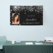 Birthday zwarte zilverfoto glitter monogram spandoek (Beurs)