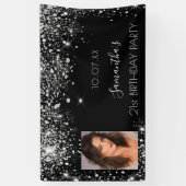 Birthday zwarte zilverfoto glitter monogram spandoek (Verticaal)