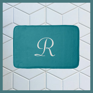 Biscay Bay Blue Trendy Monogrammed Plush Bath Mat