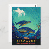Biscayne, Turtles Onderwater, Florida, Reizen Briefkaart (Voorkant / Achterkant)
