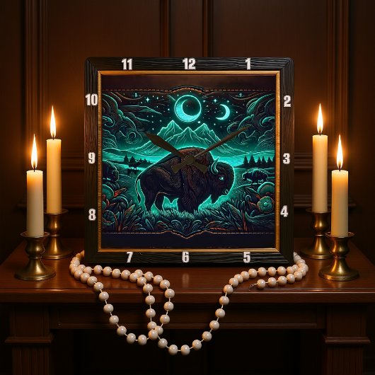 Bison Buffalo Moonlit Neon Bison Vierkante Klok