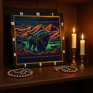 Bison Buffalo Neon Bison Vierkante Klok