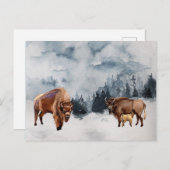 Bison Buffalo Waterverf Landschap Winter Feestdagenkaart (Voorkant / Achterkant)