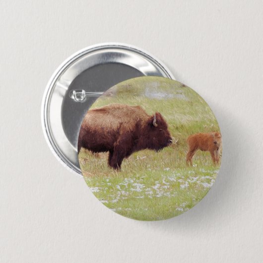 Bison en kalf in geelsteen ronde button 5,7 cm (Voorkant /achterkant)