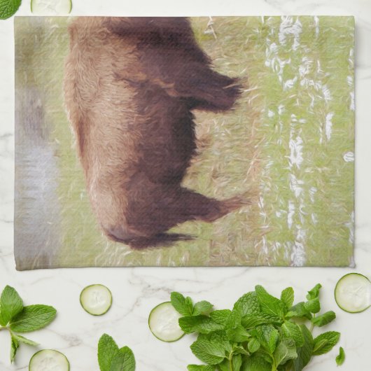 Bison en kalf in geelsteen theedoek (Gevouwen)