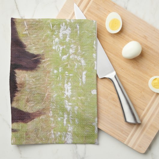 Bison en kalf in geelsteen theedoek (Quarter Fold)