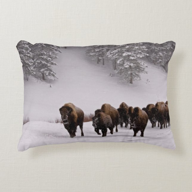 Bison in de winter decoratief kussen (Voorkant)