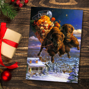 Bison Pulling Santa Claus Feestdagen Kaart