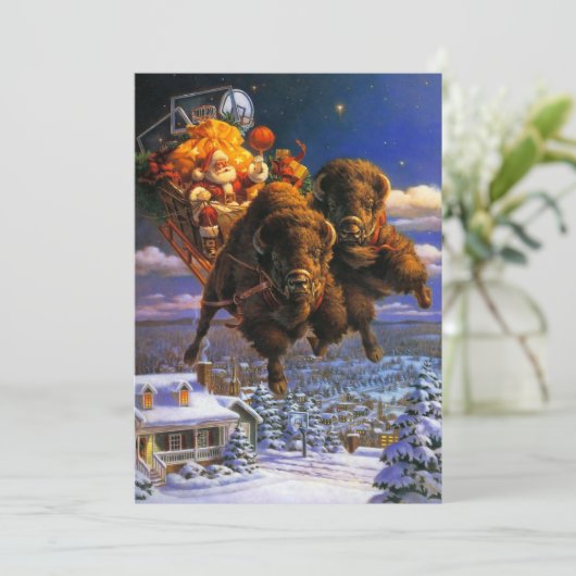 Bison Pulling Santa Claus Holiday Kaart (Staand voorkant)