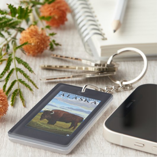 Bison Scene - Chitina River Basin, Alaska Sleutelhanger (Voorkant Rechts)