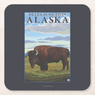 Bison Scene - Delta Junction, Alaska Vierkante Kartonnen Onderzetter