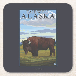 Bison Scene - Fairwell, Alaska Vierkante Kartonnen Onderzetter