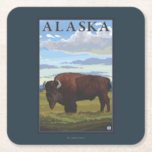 Bison Scene-Vintage Travel Poster Vierkante Kartonnen Onderzetter