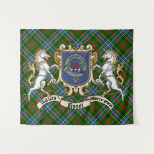 Bisset Clan Badge & Eenhoorns met tartan Wandkleed