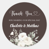 Bister bruin witte bloemen hart dank u bruiloft ronde sticker (Voorkant)