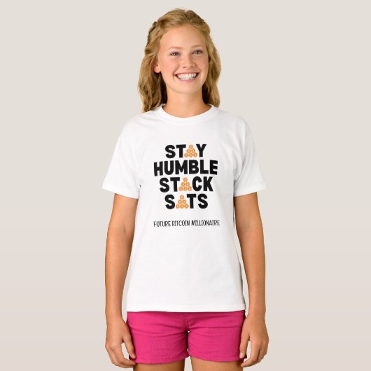 Bitcoin BLIJF NEDERIG STACK SATS Crypto T-shirt (Voorkant volledig)