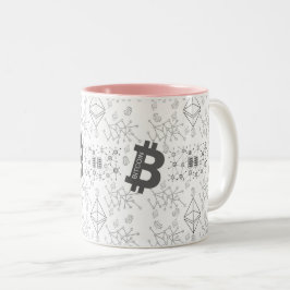 Bitcoin digitale cryptocurrency wit zwart patroon tweekleurige koffiemok