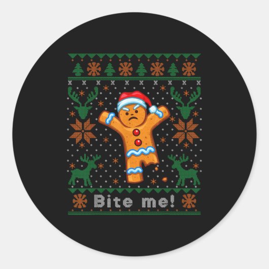 Bite Me Gingerbread Man - Funny Ugly Christmas Swe Ronde Sticker (Voorkant)