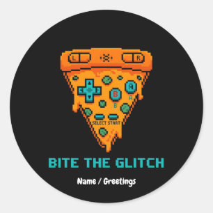  Bite the Glitch Retro 8-Bit Pixel Pizza Gamer  Ronde Sticker