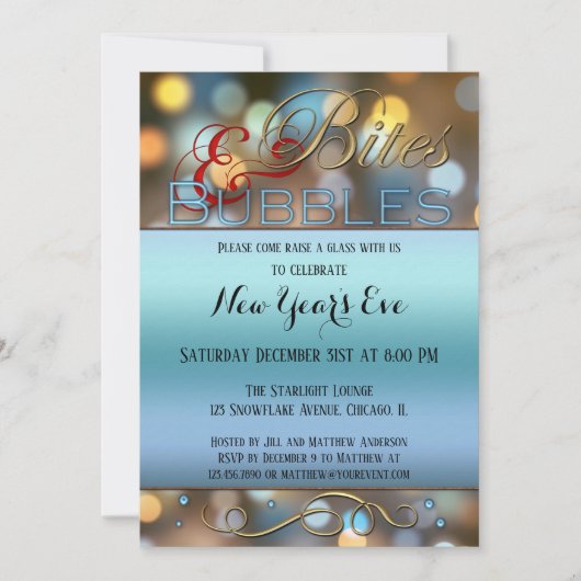Bites Bubbles Sparkly New Year Party Invitation (Devant)