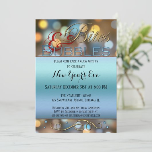 Bites Bubbles Sparkly New Year Party Invitation (Debout devant)