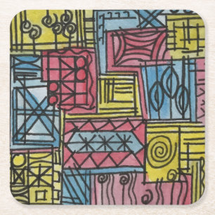 Bizarre-Whimsical Handgeschilderde Abstracte Kunst Vierkante Kartonnen Onderzetter