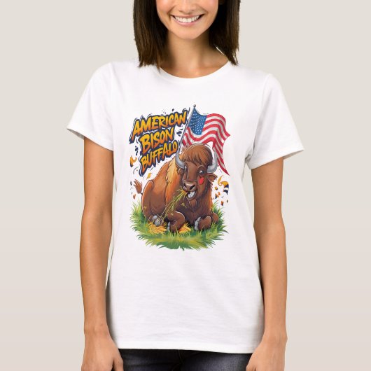 Bizon met Amerikaanse vlag in gras T-shirt (Voorkant)
