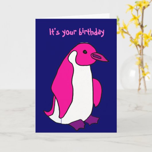 BL- Roze Pinguïn Verjaardag Kaart (Gele Bloem)