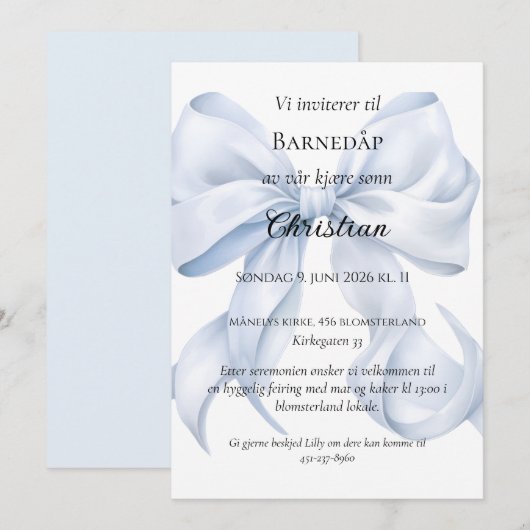 Blå Sløyfe Baptême Invitation (Devant / Derrière)