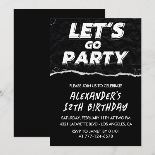 Black 12e anniversaire invitations garçon Blanc (Devant / Derrière)
