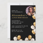 Black 22e anniversaire invitation Gold Balloon Pho (Devant)