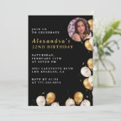 Black 22e anniversaire invitation Gold Balloon Pho (Debout devant)
