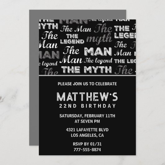 Black 22e anniversaire invitation pour lui Myth Le (Devant / Derrière)