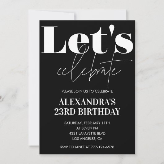 Black 23e anniversaire invitations Bold Typographi (Devant)