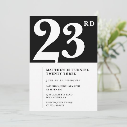 Black 23rd birthday invitation Elegant Chic Simple (Debout devant)