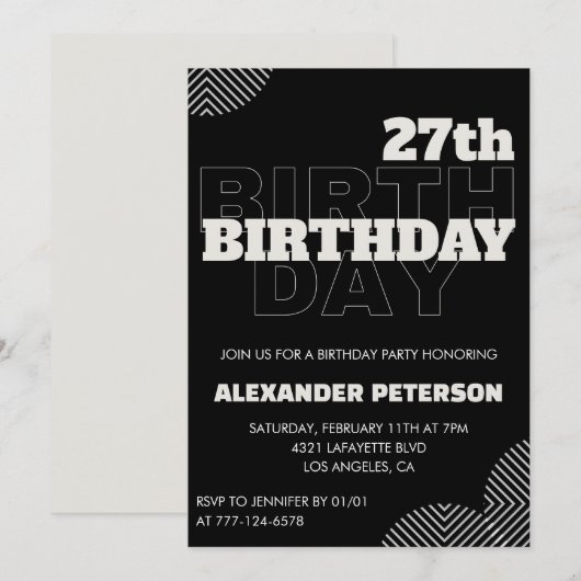Black 27th birthday invitations Men Party (Devant / Derrière)