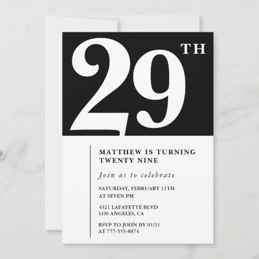 Black 29th birthday invitation Elegant Chic Simple (Devant)