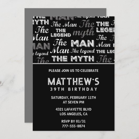 Black 39e anniversaire invitation pour lui Myth Le (Devant / Derrière)
