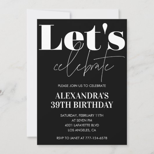 Black 39e anniversaire invitations Bold Typographi (Devant)